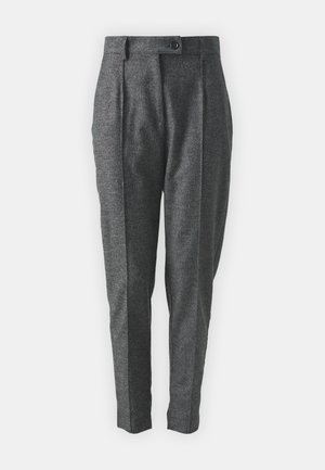 Gray pleated trousers with a tailored design, featuring a button closure, side pockets, and a textured fabric. Straight-leg silhouette.