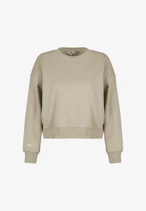 Beige cropped sweatshirt made of soft fabric. Features a round neck, long sleeves, ribbed cuffs, and a small logo accent on the sleeve.