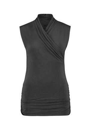 Ärmelloses, dunkelgraues Top mit Wickeldesign, das einen hohen Kragen und geraffte Seiten für Textur aufweist. Hergestellt aus weichem, leichtem Stoff.