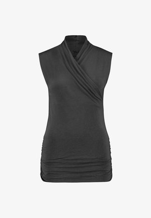 Ärmelloses, dunkelgraues Top mit Wickeldesign, das einen hohen Kragen und geraffte Seiten für Textur aufweist. Hergestellt aus weichem, leichtem Stoff.