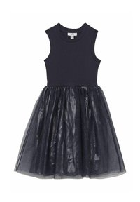 Tengerészi ujjatlan ruha, testhez simuló felsőrésszel és réteges, átlátszó szoknyával, amit apró ezüst pöttyök díszítenek. Sima anyag tüll textúrával.