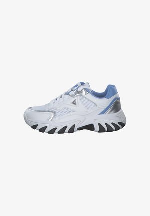 White athletic shoe with a mesh upper, blue accents, silver detailing, and a chunky black sole, featuring a round toe and lacing system.