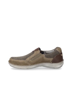Beige Slippers mit Obermaterial aus Mesh und Wildleder, braunen Akzenten, gepolstertem Kragen und einer strukturierten Gummisohle. Flaches Design, abgerundete Zehenpartie.