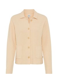 Beige gebreide cardigan met een kraag, vijf knopen en twee voorzakken. Heeft een geribbelde textuur en een losse pasvorm.