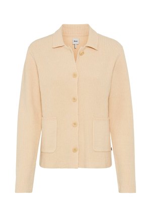 Beige knitted cardigan with a collared neck, five buttons, and two front pockets. Features a ribbed texture and a relaxed fit.