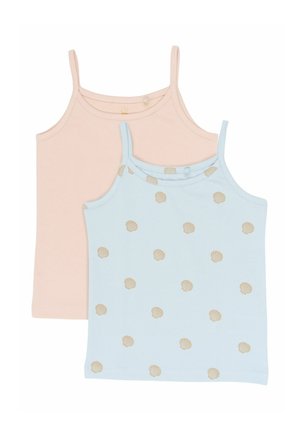 Kaks laste tanktoppi, üks ühtlase heleroosa ja teine helesinine beežide merekarpide mustritega, mõlemal õhukesed õlarihmad.