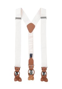 Weiße elastische Hosenträger mit braunen Lederakzenten und silbernen Metallclips. Mit einem zentralen Lederpatch und strukturiertem Gurtband.