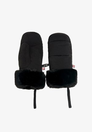 Crne podstavljene rukavice s umetkom od umjetnog krzna. Imaju odjeljak za palac i podesivu traku. Glatki vanjski materijal, mekana unutrašnjost.