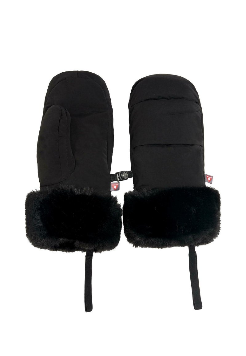 Crne podstavljene rukavice s umetkom od umjetnog krzna. Imaju odjeljak za palac i podesivu traku. Glatki vanjski materijal, mekana unutrašnjost.
