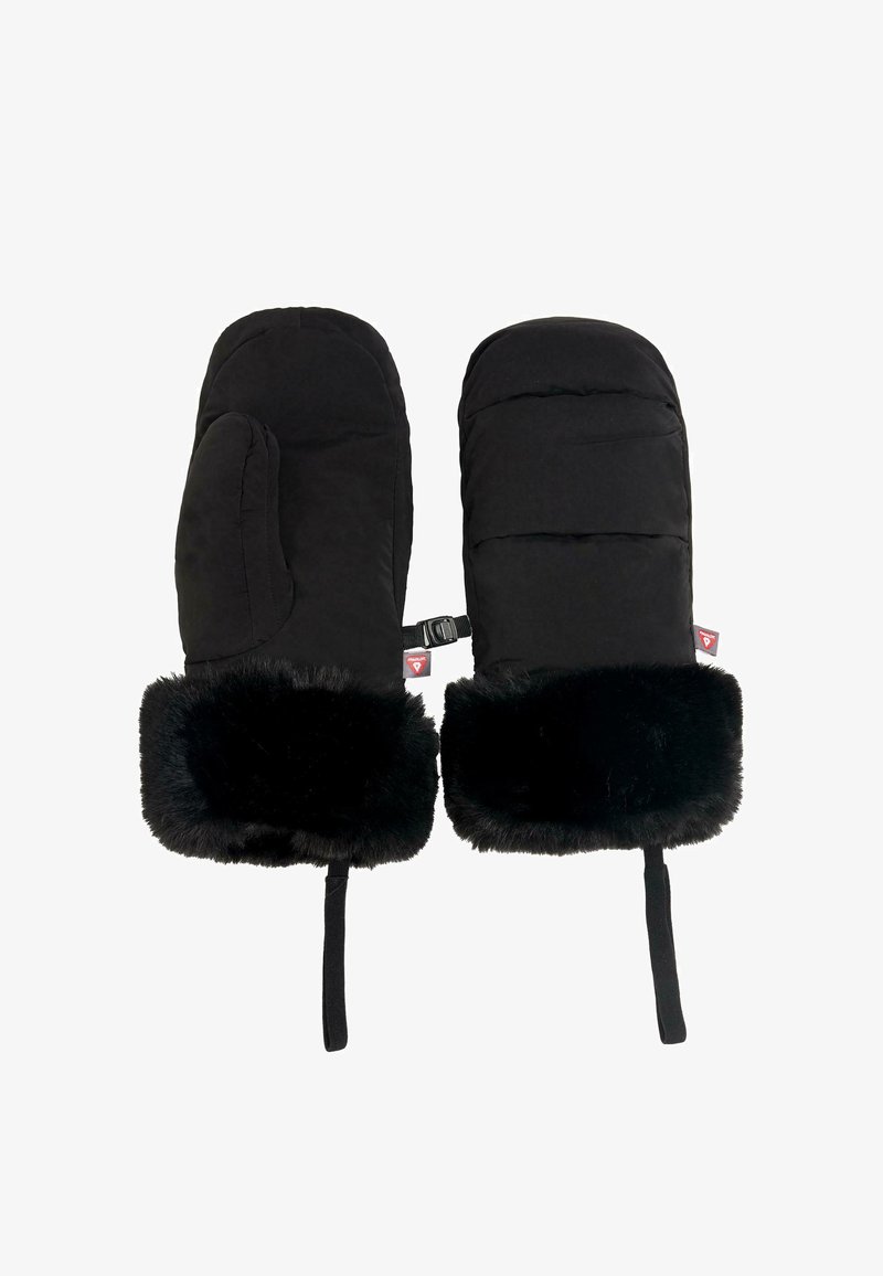 Crne podstavljene rukavice s umetkom od umjetnog krzna. Imaju odjeljak za palac i podesivu traku. Glatki vanjski materijal, mekana unutrašnjost.