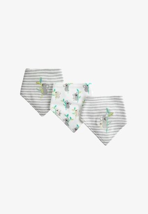 Három baba kendős előke, kettő szürke-fehér csíkozással és hímzett koalákkal, egy fehér, ágakon lévő koalák mintájával.