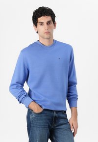 Felpa azzurra chiara realizzata in tessuto morbido, con collo rotondo e polsini a costine. Piccolo dettaglio del logo sul petto, abbinata a jeans in denim.