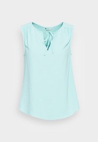 Top senza maniche di colore azzurro chiaro realizzato in tessuto testurizzato. Presenta un collo tondo con un dettaglio a fiocco nella parte anteriore e un design dal taglio rilassato.