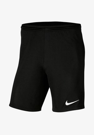 Shorts de sport noirs en tissu léger, avec une taille élastique et un logo Nike en swoosh blanc sur le côté inférieur gauche.