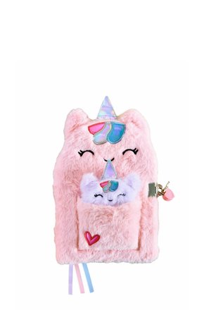 Rosa flauschiges Einhorn-Notizbuch mit lächelnden Gesichtern, einem kleinen passenden Plüschtier in der Vordertasche, pastellfarbenem Horn und einem herzförmigen Schloss mit Schlüsseln.