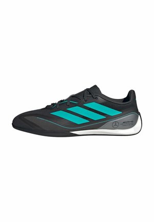 Black athletic shoe with turquoise accents, sleek design, textured upper, and white sole. Features three striped logo on the side.
