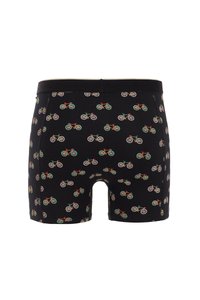 Juodi boxeriai su spalvingų dviračių raštu. Pagaminti iš tamprus audinio, su patogiu juosmeniu ir trumpomis kojomis.