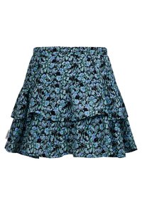 Gonna nera a fiori con fiori blu, balze sovrapposte e vita elastica. Realizzata in tessuto leggero con finitura testurizzata.