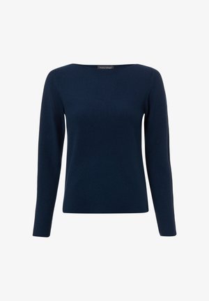 Pull en maille bleu foncé à manches longues avec un col rond et un tissu texturé, présenté sur un fond blanc.