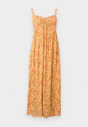 Gele maxi-jurk met roze bloemenpatroon, mouwloze bandjes, geplooide buste en een zwierige, geplooide rok.