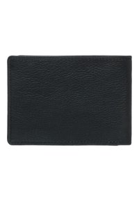 Portafoglio in pelle nera con superficie texture. Forma rettangolare, bordi cuciti, design minimalista, senza hardware o motivi visibili.