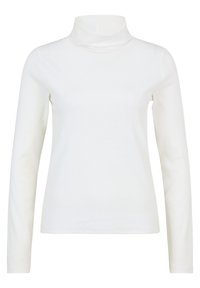 Weißes, geripptes Rollkragenshirt aus weichem Stoff; lange Ärmel und taillierte Form. Verfügt über einen hohen Kragen für zusätzliche Wärme.