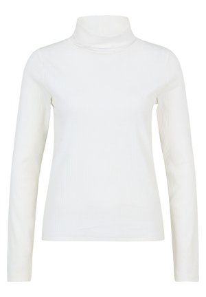 T-shirt col roulé blanc à côtes, en tissu doux ; manches longues et coupe ajustée. Présente un col haut pour plus de chaleur.