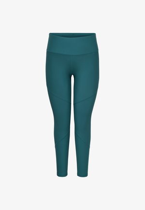 Højtaljede teal-farvede leggings til kvinder med ankellængde og syningsdetaljer over lår og kalve, designet til træning eller afslappet brug.