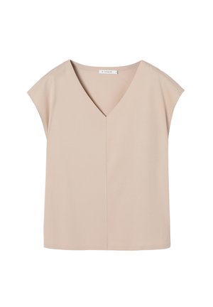 Bluză bej cu mâneci scurte și decolteu în V, având o croială relaxată, dreptunghiulară și o etichetă mică cu brand în interiorul gâtului.
