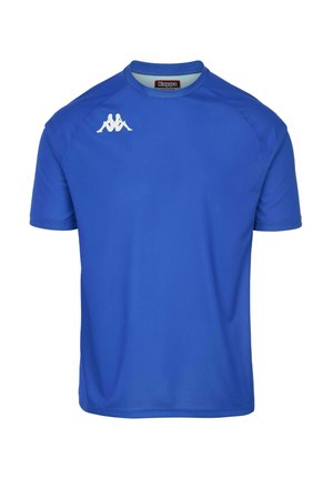 Maglietta sportiva blu realizzata in tessuto morbido, con scollatura tonda, maniche corte e un logo bianco sul lato sinistro del petto.