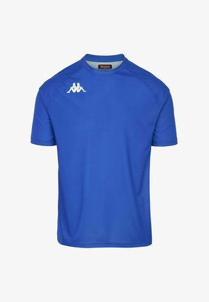 Maglietta sportiva blu realizzata in tessuto morbido, con scollatura tonda, maniche corte e un logo bianco sul lato sinistro del petto.