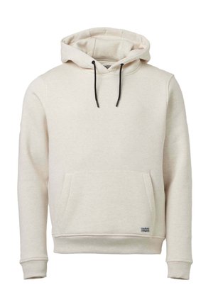 Beige pullover hoodie with black drawstrings, kangaroo pocket, ribbed cuffs, and small brand label near the hem.
