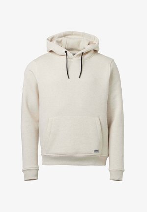 Beżowa bluza z kapturem z czarnymi troczkami, kieszenią typu kangur, prążkowanymi mankietami oraz małą metką marki blisko dołu.