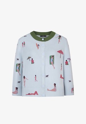 Svijetloplavi kardigan na kopčanje sa zelenim ovratnikom, ukrašen malim ilustracijama ljudi koji sunčaju, šetaju i pasa na plaži.