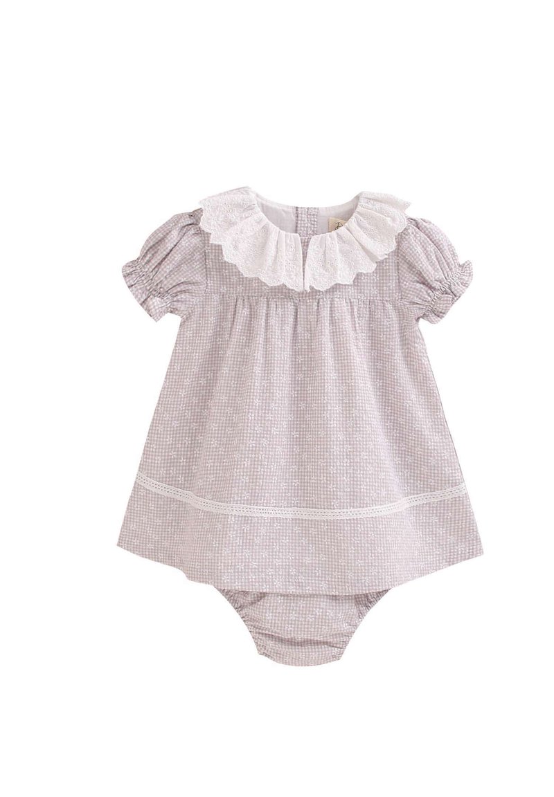 Kleid für Säuglinge im Gingham-Muster in Grautönen mit einem weißen Spitzenkragen, Puffärmeln und einem rüschten Oberteil; inklusive passender Unterhose.