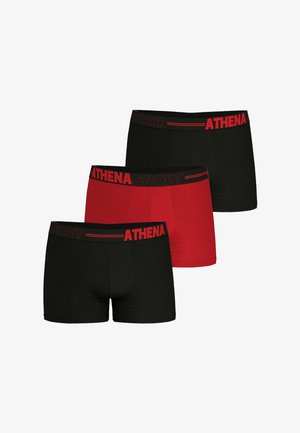 Trois boxers pour hommes en noir et rouge, chacun avec une ceinture noire arborant la marque rouge "ATHENA SPORT".