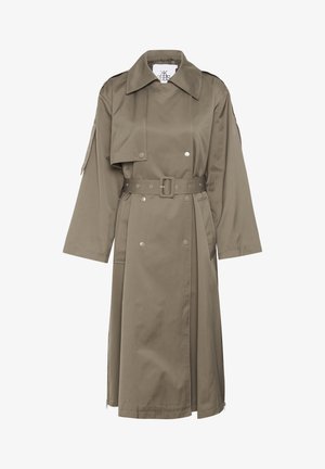 Olivgrüner Trenchcoat mit tailliertem Gürtel, breitem Kragen und großen Klappentaschen. Hergestellt aus glattem Stoff mit lockerem Schnitt und seitlichen Reißverschlüssen.
