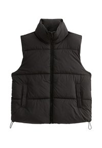 Chaleco de plumas sin mangas negro con un cuello alto, cremallera frontal y dos bolsillos laterales. Presenta un diseño acolchado y un cordón ajustable en la cintura.