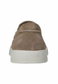 Light brown suede sneaker with a low-profile design, white rubber sole, and minimal stitching detail. Rear view highlights the smooth texture.