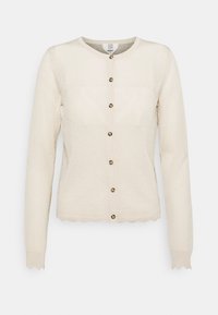Beige gestrickte Strickjacke mit rundem Ausschnitt, Knopfverschluss, strukturiertem Muster und gewelltem Saumdetail. Lange Ärmel mit gerippten Bündchen.