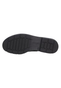 Semelle de chaussure en caoutchouc noir avec surface texturée, dotée d'un motif en grille pour l'adhérence et d'un talon lisse. Logo estampillé sur le côté.