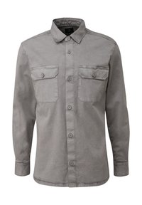 Grijs shirt met lange mouwen, een knoopsluiting aan de voorkant, twee borstzakken en een kraag. Gemaakt van gladde stof met een gestructureerde afwerking.