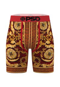Boxer briefs with a red elastic waistband, featuring intricate gold and black motifs, including chains and ornate patterns on a red background.