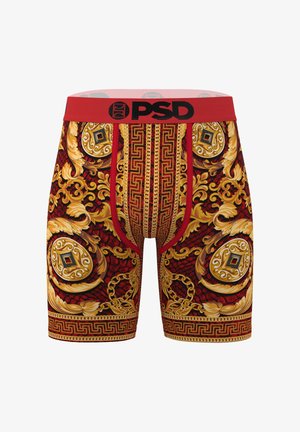 Boxershorts mit einem roten elastischen Bund, versehen mit filigranen goldenen und schwarzen Motiven, darunter Ketten und kunstvolle Muster auf rotem Hintergrund.