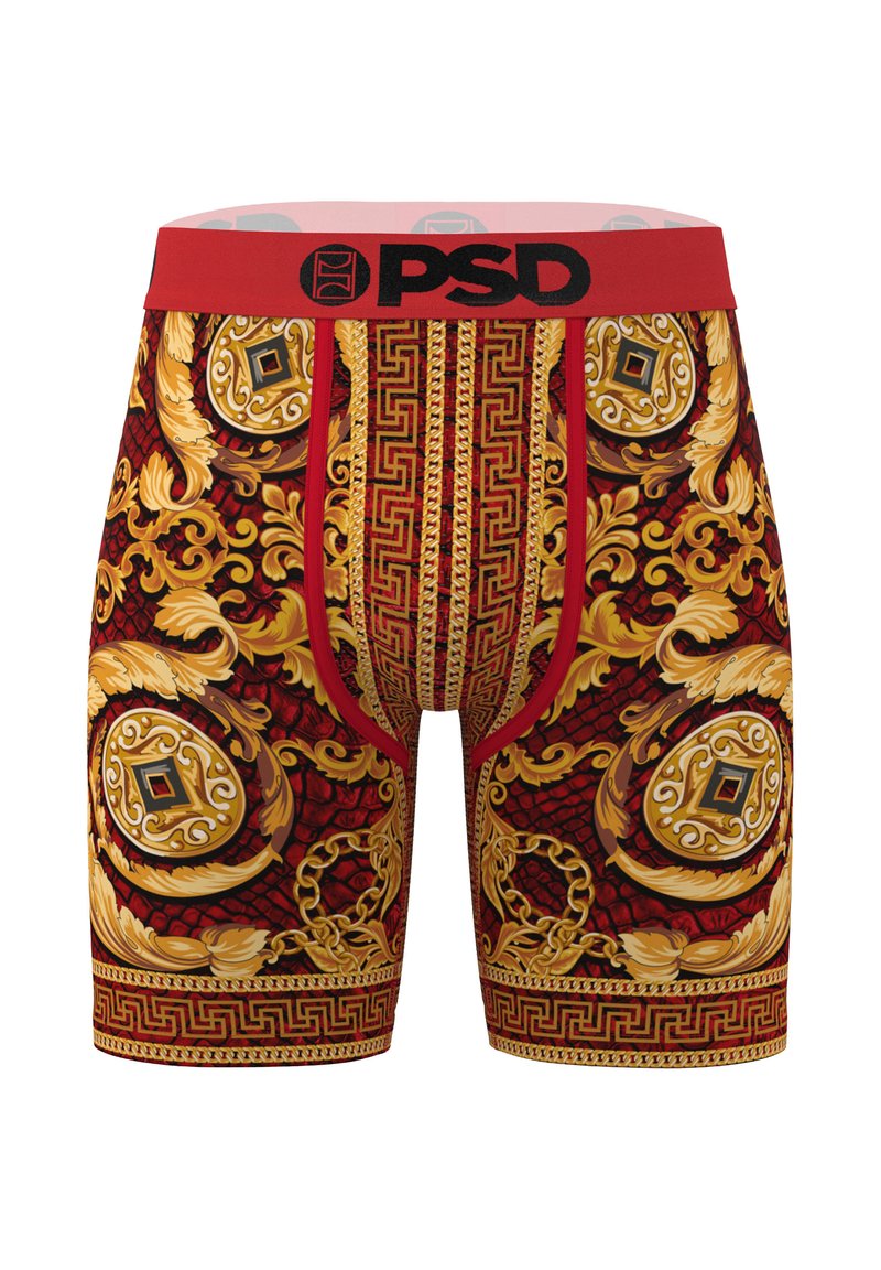 Boxer briefs with a red elastic waistband, featuring intricate gold and black motifs, including chains and ornate patterns on a red background.