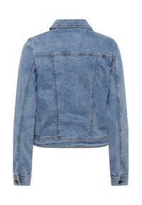 Veste en denim bleu clair vue de dos, manches longues, col, détails de coutures verticales et poignets boutonnés.