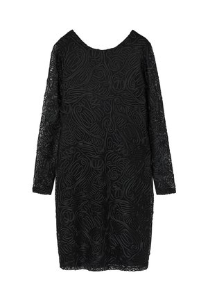 Black dress with long lace sleeves, featuring a textured pattern of swirls and curves, rounded neckline, and knee-length design.