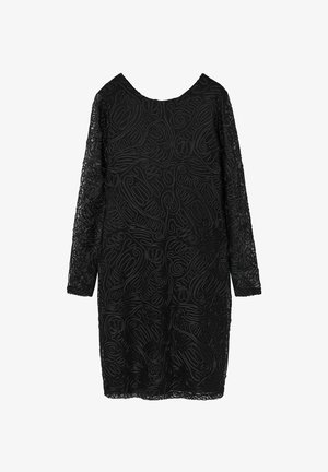 Zwart jurkje met lange kanten mouwen, met een gestructureerd patroon van krullen en bochten, ronde halslijn en een knielange snit.