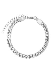 Sølvkjedearmbånd med sammenkoblede lenker, med en glatt, polert overflate og en krebs clasp med en justerbar kjedeutvidelse.