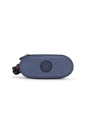 Marineblaues ovales Federmäppchen mit Kipling-Logo auf der Vorderseite und kleinem Plüschaffen-Schlüsselanhänger am Reißverschluss.